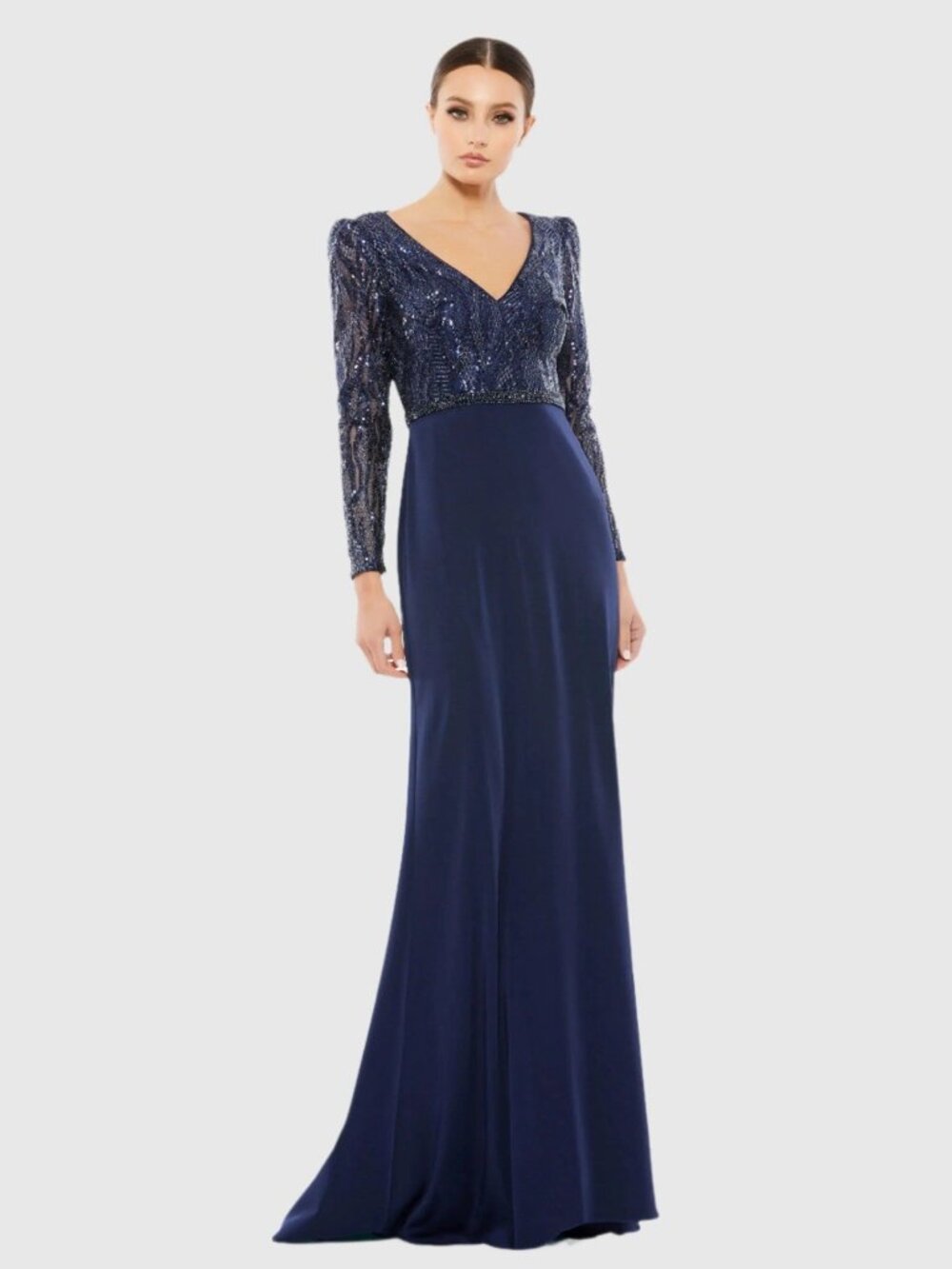 Mac Duggal Size 16 Navy Embellished Long Sleeve Sequin Bodice Gown Formal Dress